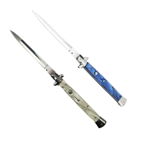 Bricege - Set doua bricege automat stiletto, Italian Blade, otel inoxidabil, husa inclusa, argintiu si albastru, 33 cm