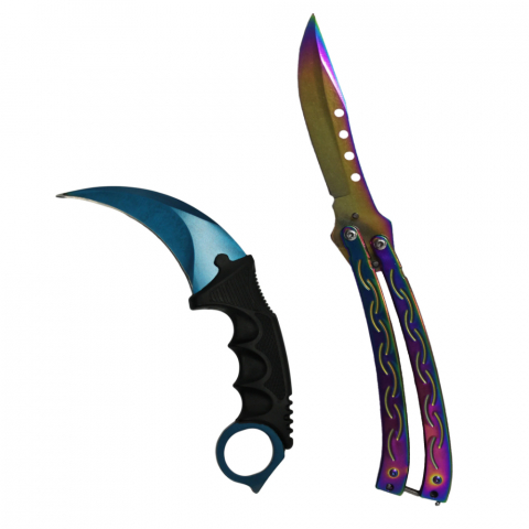 Briceaguri fluture & antrenament - Set doua cutite IdeallStore®, butterfly 25 cm si karambit 19 cm, multicolor, otel inoxidabil