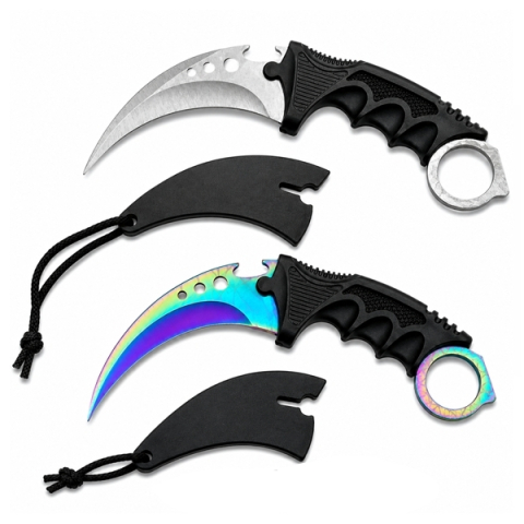 Cutite vanatoare - Set doua cutite karambit vanatoare DEPOX®, lamă fixă, oțel inoxidabil 420, rainbow/gri, 19 cm