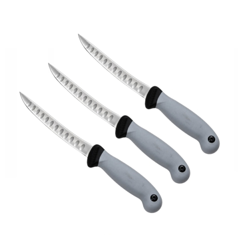 Cutite & seturi de cutite - Set trei cuțite pentru filetat DEPOX®, lamă curbată din oțel inoxidabil cu alveole, mâner ergonomic, 29 cm, gri
