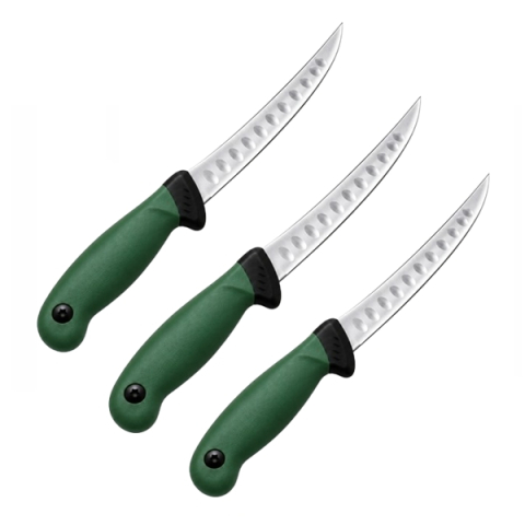 Cutite & seturi de cutite - Set trei cuțite pentru filetat DEPOX®, lamă curbată din oțel inoxidabil cu alveole, mâner ergonomic, 29 cm, verde