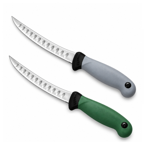 Cutite & seturi de cutite - Set doua cuțite pentru filetat DEPOX®, lamă curbată din oțel inoxidabil cu alveole, mâner ergonomic, 29 cm, verde.gri