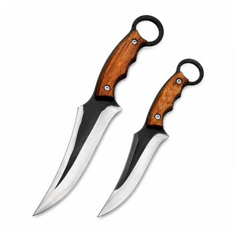 Cutite vanatoare - Set doua cutite supravietuire DEPOX®, lama din otel inoxidabil, maner din lemn, teaca piele naturala, 27 cm/20 cm