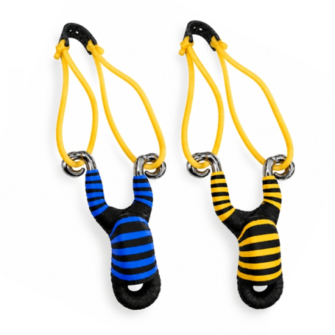 Prastii profesionale de vanatoare - Set doua praștii din aliaj cu benzi elastice DEPOX®, mâner ergonomic, 13 cm, galben/albastru