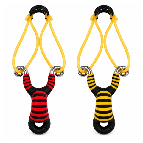 Prastii profesionale de vanatoare - Set doua praștii din aliaj cu benzi elastice DEPOX®, mâner ergonomic, 13 cm, galben/rosu