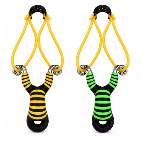 Prastii profesionale de vanatoare - Set doua praștii din aliaj cu benzi elastice DEPOX®, mâner ergonomic, 13 cm, galben/verde