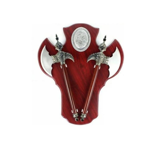 Accesorii decorative - Panoplie in forma de scut cu doua topoare, lemn, maro, 55 cm