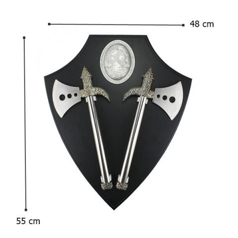 Panoplie in forma de scut cu doua topoare, lemn, 55 cm, negru [3]