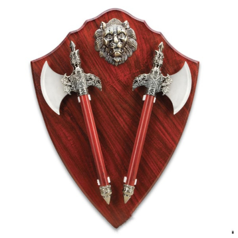Accesorii decorative - Panoplie in forma de scut cu doua topoare, emblema tigru, lemn, 55 cm, visiniu