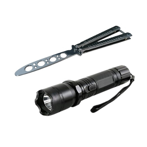 SPORT & TIMP LIBER - Set Electrosoc Lanterna tip Police 1000KV si Briceag fluture de antrenamen, 22 cm, argintiu