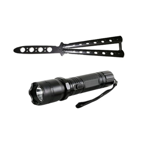 SPORT & TIMP LIBER - Set Electrosoc Lanterna tip Police 1000KV si Briceag fluture basic, 22 cm, argintiu