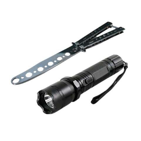 SPORT & TIMP LIBER - Set Electrosoc Lanterna tip Police 1000KV si Briceag fluture de antrenament, 22.5 cm, argintiu