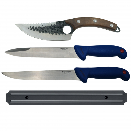 Cutite macelarie - Set macelarie IdeallStore®, cutite bucatar, injunghiat si suport magnetic, otel inoxidabil