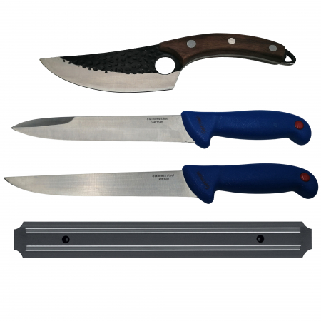 Cutite macelarie - Set macelarie IdeallStore®, cutite bucatarie, injunghiat si suport magnetic, otel inoxidabil