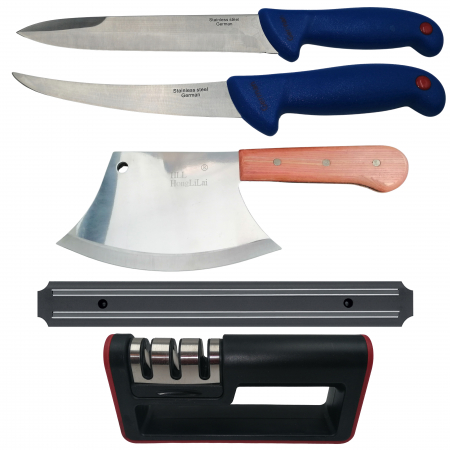 Cutite & seturi de cutite - Set macelarie IdeallStore®, satar, injunghiat, filetat, ascutitoare si suport magnetic, otel inoxidabil