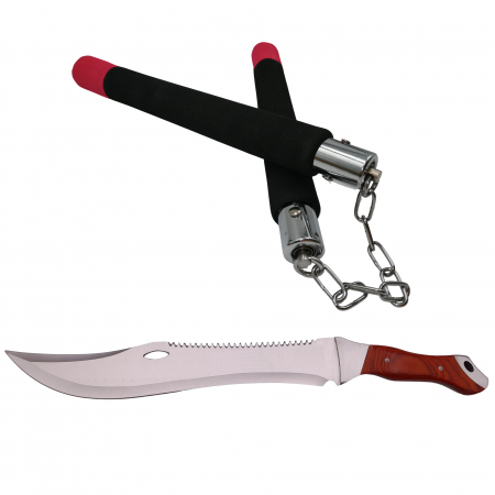 Bastoane telescopice si nunceaguri - Set maceta de vanatoare IdeallStore®, Knife of Mind, otel inoxidabil, argintie, 46 cm si nunceag burete