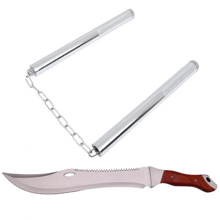 Bastoane telescopice si nunceaguri - Set maceta de vanatoare IdeallStore®, Knife of Mind, otel inoxidabil, argintie, 46 cm si nunceag metalic
