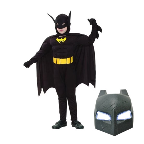 Costume si seturi pentru copii - Set masca LED si costum carnaval Batman cu muschi pentru copii, negru, 3-5 ani, 100-110 cm