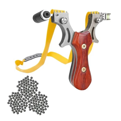 Prastii profesionale de vanatoare - Set prastie cu lase, Sling Queen, metalic, 11.5 cm, cu boloboc, maner lemn, maro si 300 bile de 9 mm