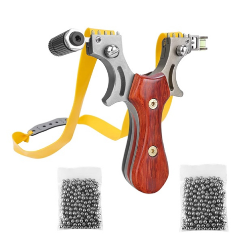 Prastii profesionale de vanatoare - Set prastie cu lase, Sling Queen, metalic, 11.5 cm, cu boloboc, maner lemn, maro si 200 bile de 9 mm