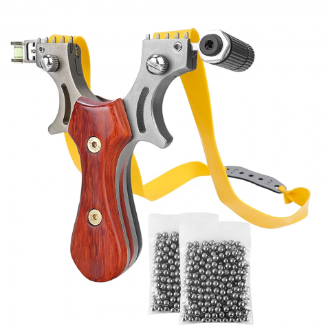 SPORT & TIMP LIBER - Set prastie cu laser IdeallStore®, Sling Queen, metalic, 11.5 cm, cu boloboc, maner lemn, maro si 220 bile