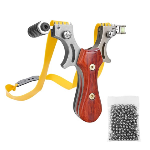 Prastii profesionale de vanatoare - Set prastie cu lase, Sling Queen, metalic, 11.5 cm, cu boloboc, maner lemn, maro si 100 bile de 9 mm