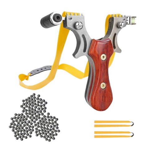 Prastii profesionale de vanatoare - Set prastie cu laser si 100 bile metalice, 11.5 cm, boloboc, maner lemn, maro