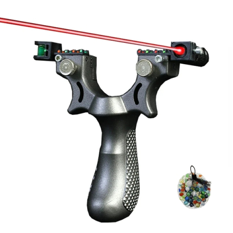 Prastii profesionale de vanatoare - Set prastie cu laser si 50 de bile din sticla 14 mm DEPOX®, plastic, 11.5 cm, cu boloboc, argintiu
