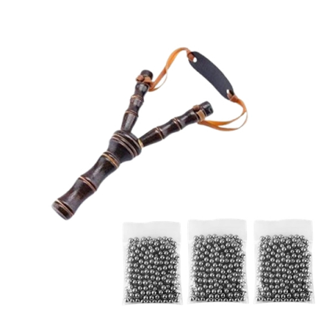 SPORT & TIMP LIBER - Set praștie din lemn si 300 bile metalice 10 mm pentru airsoft si prastie, 19 cm, Maro