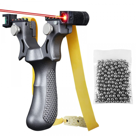 Prastii profesionale de vanatoare - Set prastie laser IdeallStore®, Sling King, plastic, 11.5 cm, boloboc, argintiu si 100 bile de 6 mm