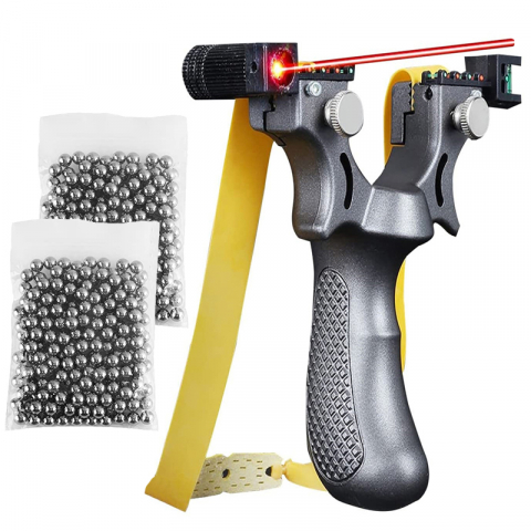 Prastii profesionale de vanatoare - Set prastie laser IdeallStore®, Sling King, plastic, 11.5 cm, boloboc, argintiu si 200 bile de 6 mm