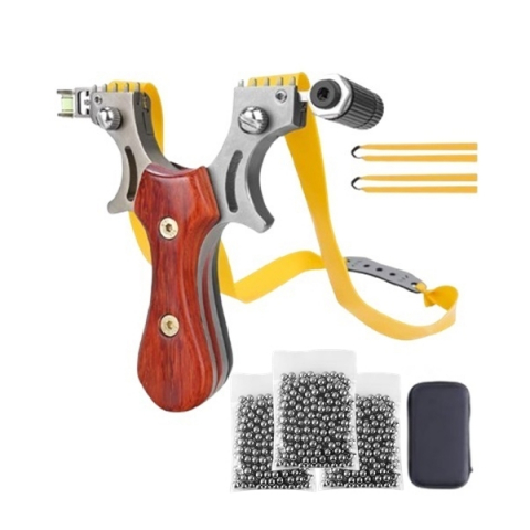 Prastii profesionale de vanatoare - Set prastie metalica cu laser si 300 bile metalice 10 mm, 12 cm, boloboc, maner lemn, maro, husa inclusa