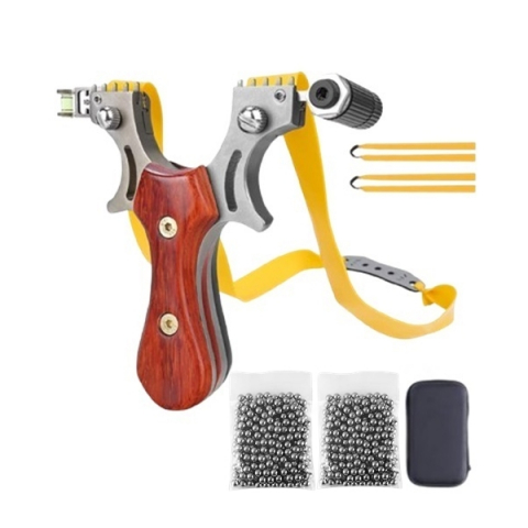 Prastii profesionale de vanatoare - Set prastie metalica cu laser si 200 bile metalice 7 mm, 12 cm, boloboc, maner lemn, maro, husa inclusa