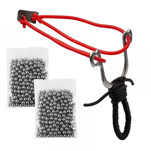 Prastii profesionale de vanatoare - Set prastie metalica IdeallStore®, Sling King, snur, negru, 15 cm si 200 bile metalice