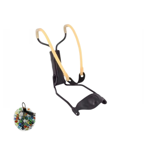 Prastii profesionale de vanatoare - Set prastie metalica profesionala cu suport de incheietură si 50 bile sticla 14 mm DEPOX®, metal, maner antiderapant, 18 cm