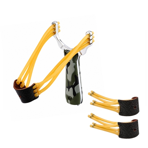 VANATOARE, DRUMETII & CAMPING - Set praștie metalică si doua benzi elastice de rezerva DEPOX®, maner camuflaj, 14.5 cm