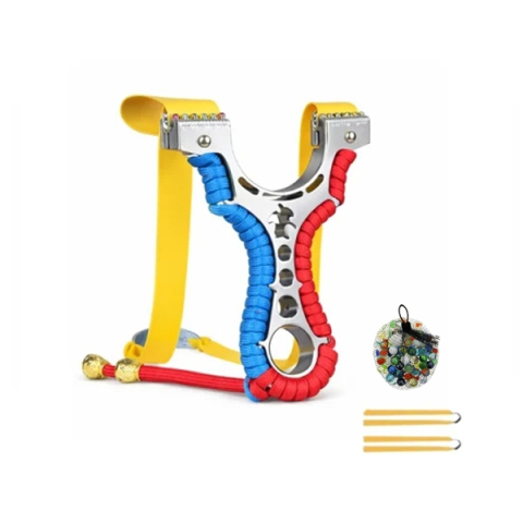 Prastii profesionale de vanatoare - Set praștie multifunctionala si 50 bile din sticle 14 mm, DEPOX®, metal, 2 elastice de rezervă, rosu/albastru, 11 cm