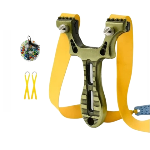 Prastii profesionale de vanatoare - Set praștie multifuncțională si 50 de bile metalice 14 mm, DEPOX®, metal, 2 elastice de rezervă, verde, 11 cm