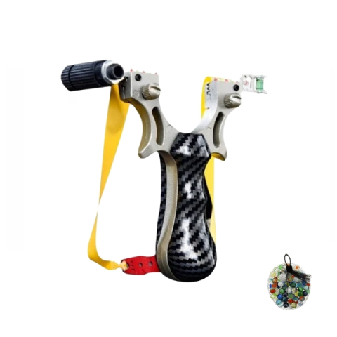 Prastii profesionale de vanatoare - Set praștie profesională cu 3 zgarciuri si 50 bile sticla 14 mm DEPOX®, maner imitatie carbon, 12 cm
