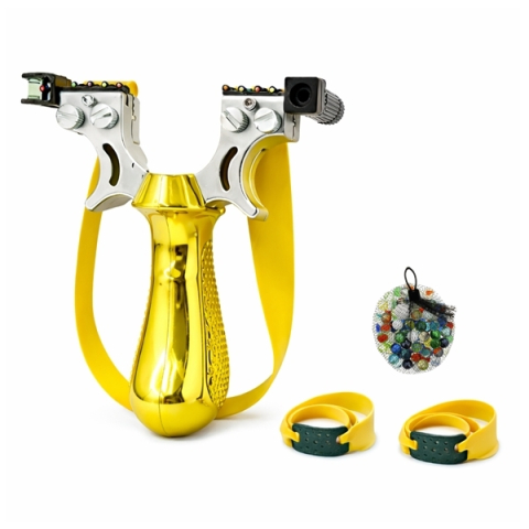 Prastii profesionale de vanatoare - Set praștie profesională PVC cu laser si 50 bile din sticla 14 mm DEPOX®, pentru vânătoare și tir outdoor, galben, 11.5 cm