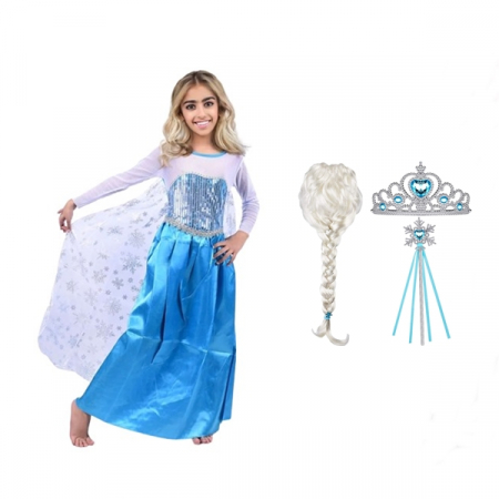 Accesorii costume copii - Set rochie si accesorii Elsa Frozen, 5-7 ani, Albastru, Halloween
