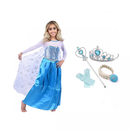 Costume Halloween copii - Set rochie si patru accesorii Elsa Frozen, 7-9 ani, Carnaval