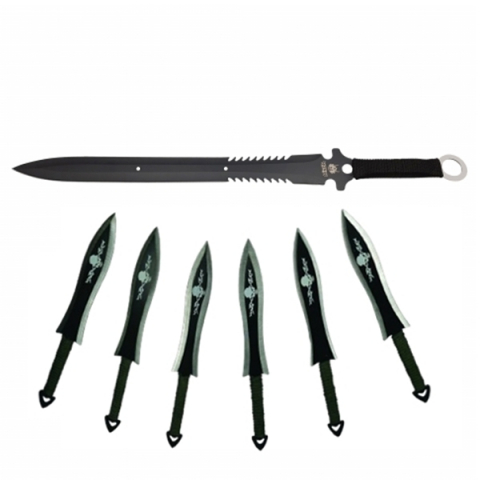 SPORT & TIMP LIBER - Set sabie de vanatoare Last Ronin si sase cutite de aruncat, otel inoxidabil, negru