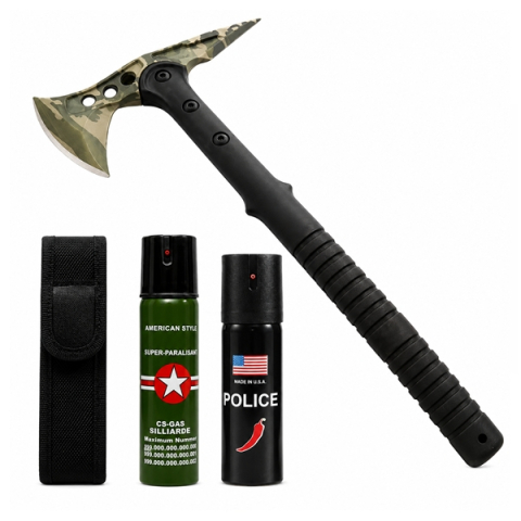 Topor camping - Set secure supravieturire, spray autoaparare si spray chili DEPOX®, otel inoxidabil,  40 cm/110 ml/60 ml, teaca inclusa