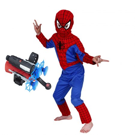 Costume Halloween copii - Set costum Spiderman clasic si lansator cu ventuze, 100-110 cm, 3-5 ani