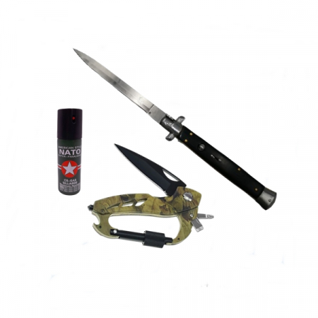Bricege - Set Spray cu Piper, Carabina multifuncionala si Briceag Stiletto, IdeallStore®, Otel inoxidabil