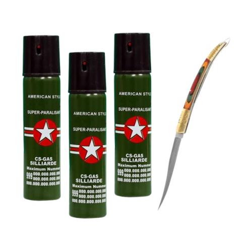 Spray autoaparare - Set cutit model spaniol 15 cm si trei sprayuri piper, auto-aparare, 110 ml, verde