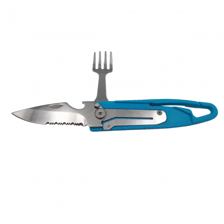 SPORT & TIMP LIBER - Set tacamuri pentru camping si drumetii, cutit si furculita, tip briceag, 16 cm, albastru