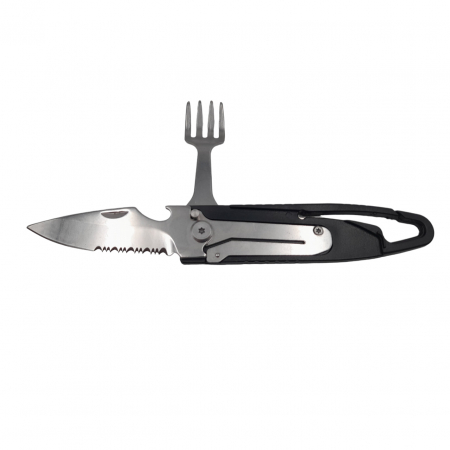 SPORT & TIMP LIBER - Set tacamuri pentru camping si drumetii, cutit si furculita, tip briceag, 16 cm, negru