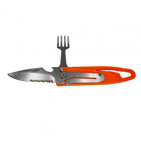 SPORT & TIMP LIBER - Set tacamuri pentru camping si drumetii, cutit si furculita, tip briceag, 16 cm, rosu